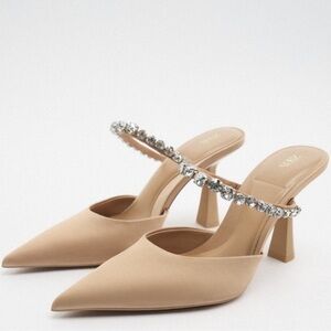 Zara Beige Nude Satin Rhinestone Mule Heel